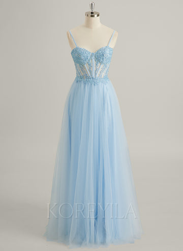 A-line V-Neck Floor-Length Lace Tulle Maxi Dresses With Sequins